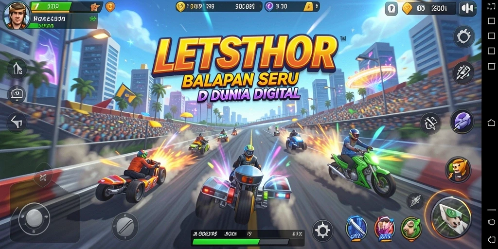 Screenshot LETSTHOR menunjukkan aksi balapan yang seru dan mendebarkan.