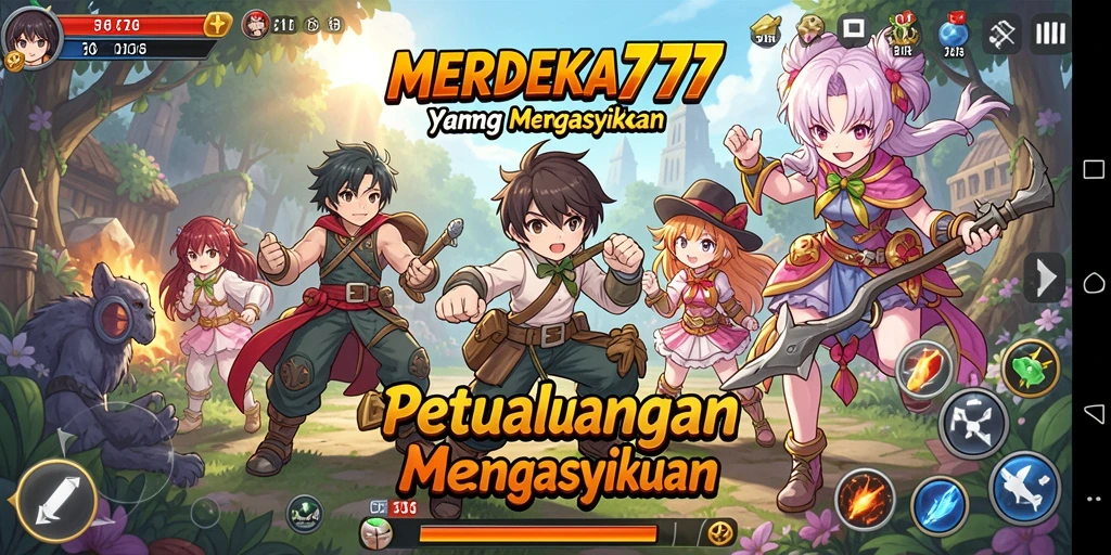Tangkapan layar utama MERDEKA777 menampilkan karakter anime dalam aksi penuh warna.