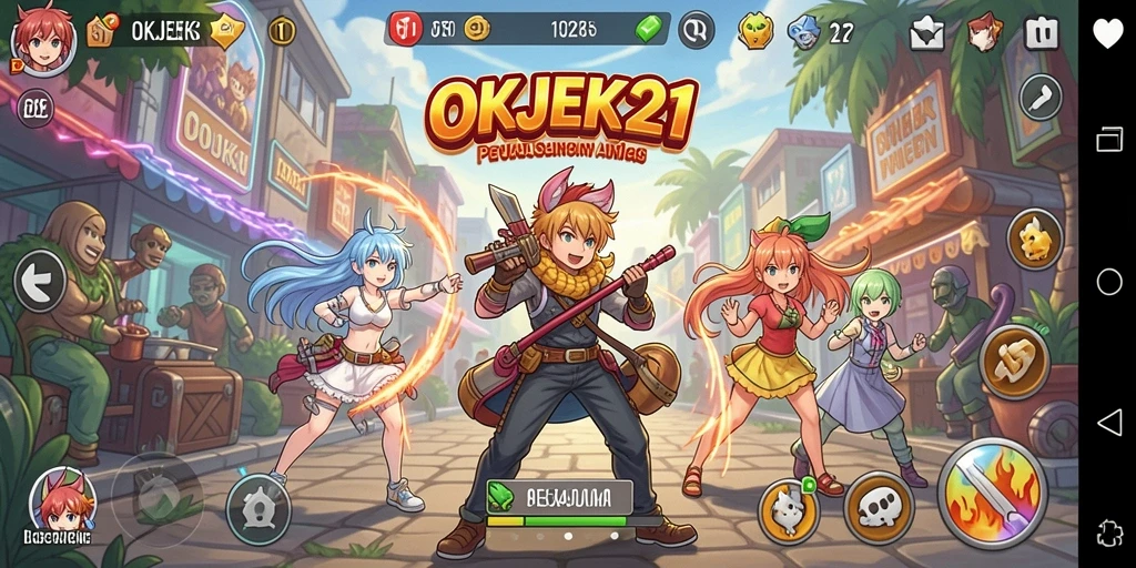 Screenshot gameplay OKJEK21 dengan karakter Anime yang dinamis.