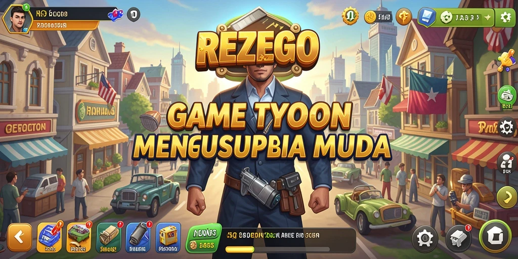 Skrinsut gameplay REZEGO yang menunjukkan manajemen bisnis yang seru.