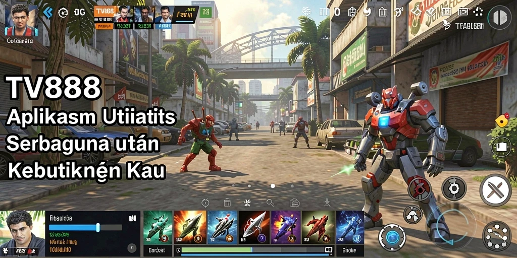Tampilan screenshot utama aplikasi TV888 yang menampilkan dashboard utilitas.